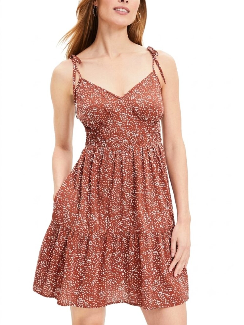LOFT Beach Cotton Dotted Tie Strap Tiered Mini Dress S Rust White Cottagecore